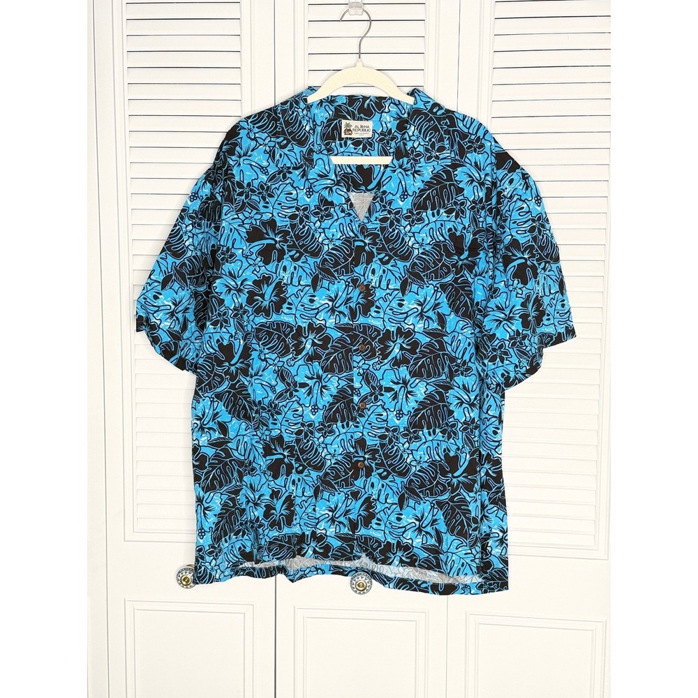 Aloha Republic Hawaiian Shirt Mens XL Blue Black Excellent Tropical Floral Print